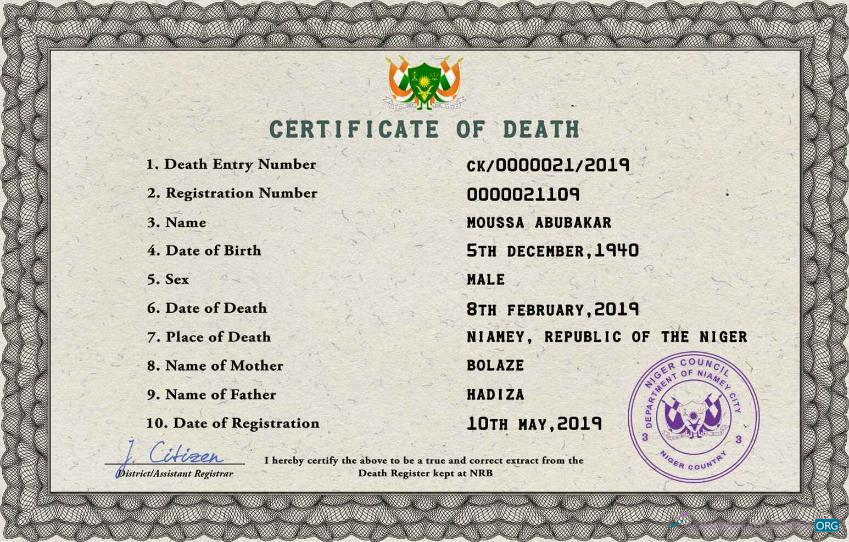 Download Niger death certificate PSD template Photoshop template